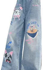 Girls' Cartoon Print Wide Leg Jeans - Fashion Denim Pants Ages 4-14