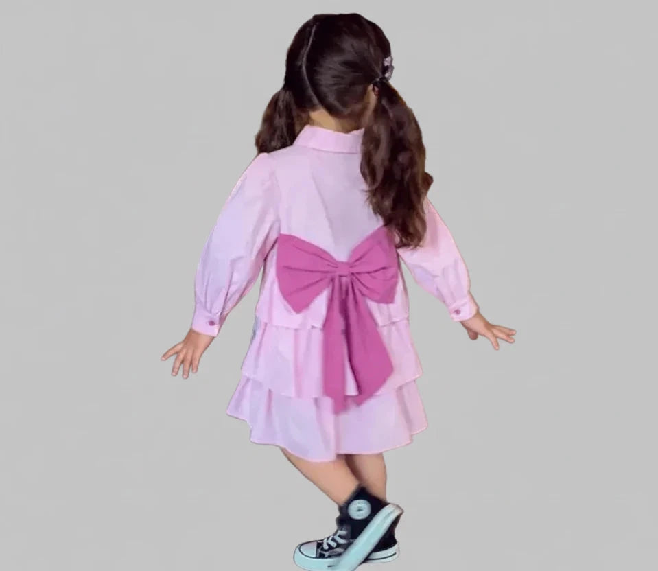 Girls Cartoon Shirt with Back Bow -Fashion Spring dress