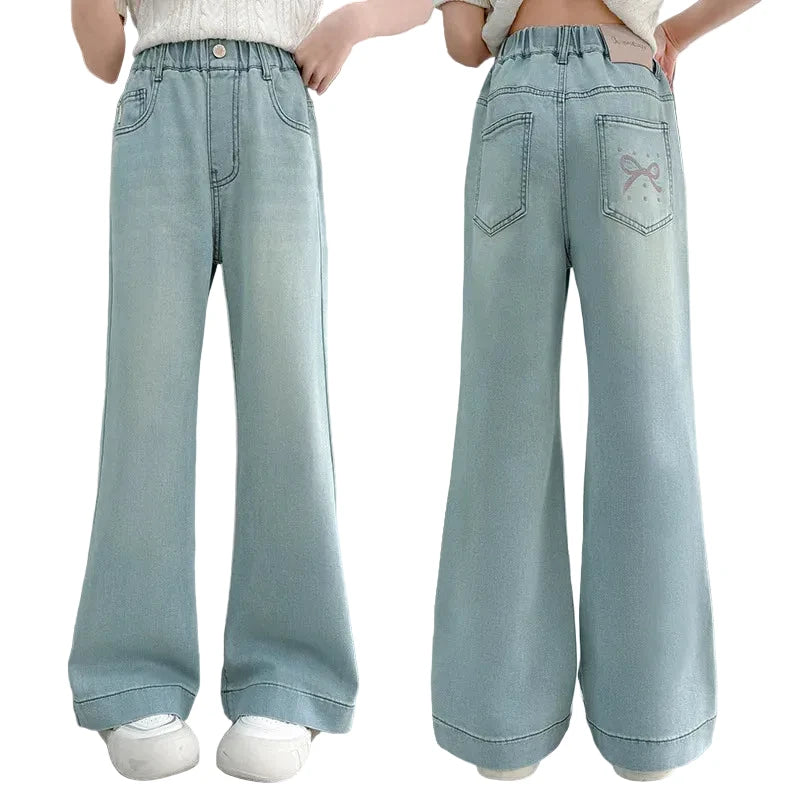 Girls Bow Pocket Jeans - Wide-Leg Denim 4-15Y - Kidnor