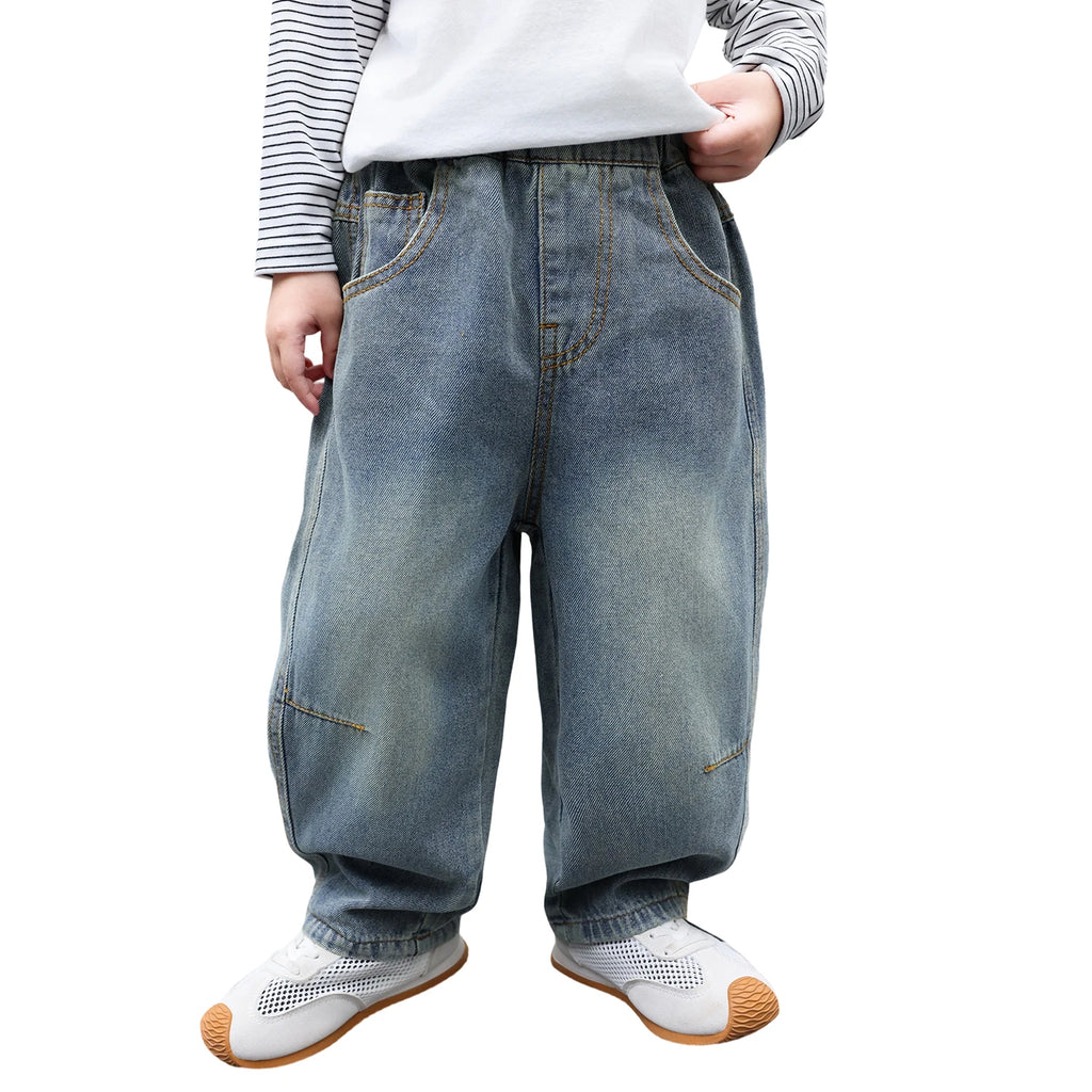 Boys' Vintage Washed Jeans - Elastic Waist Retro Denim Ages 7-13