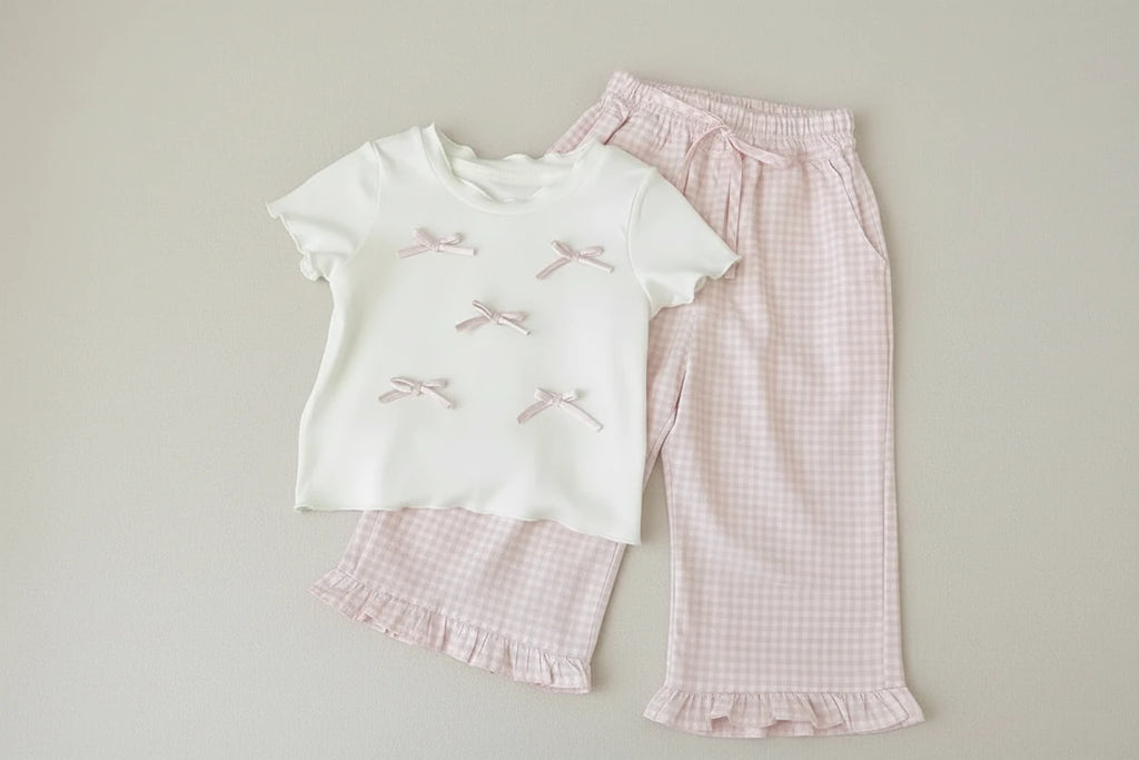Girls' Bow Top & Plaid Pants Set - 2-Piece Summer Outfit Ages 4-6