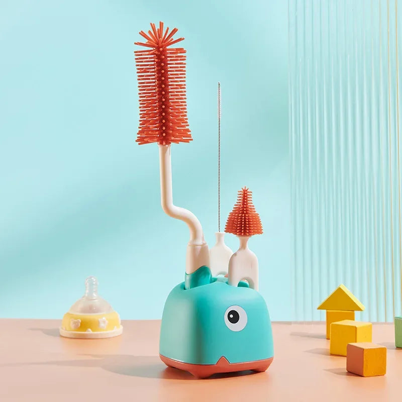 Baby Silicone Bottle Brush Long Handle Cleaning Brush 360-degree Rotating Drying Rack Combination Portable Cleaning Tool Set