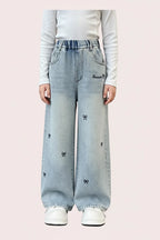 Girls' Bow Tie Wide Leg Jeans - Casual Loose Trousers for Teens
