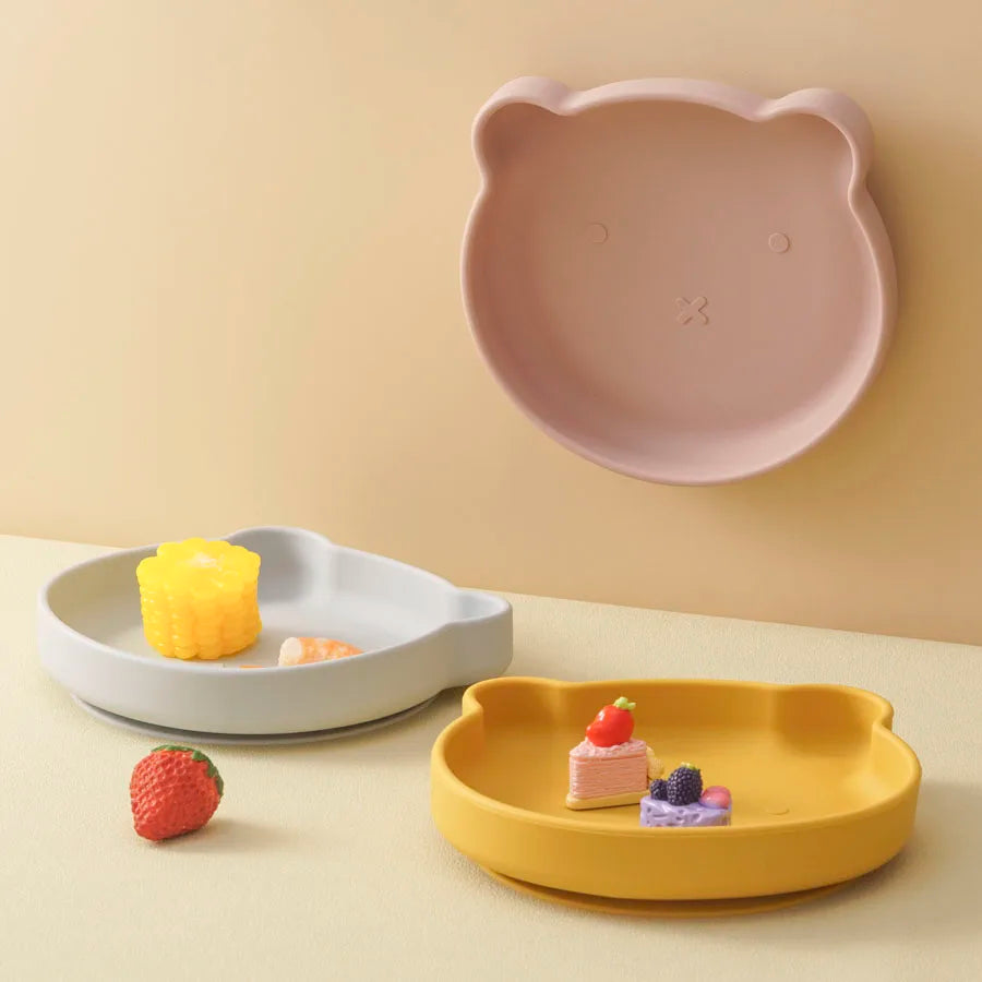 Mamaplan BPA Free Baby Silicone Dining Plate Suction Cartoon Bear Dishes Plate Toddler Feeding Sucker Bowl Training Tableware