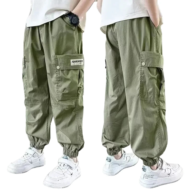Boys' Cargo Sports Pants - Cotton Sweatpants with High Visibility Details