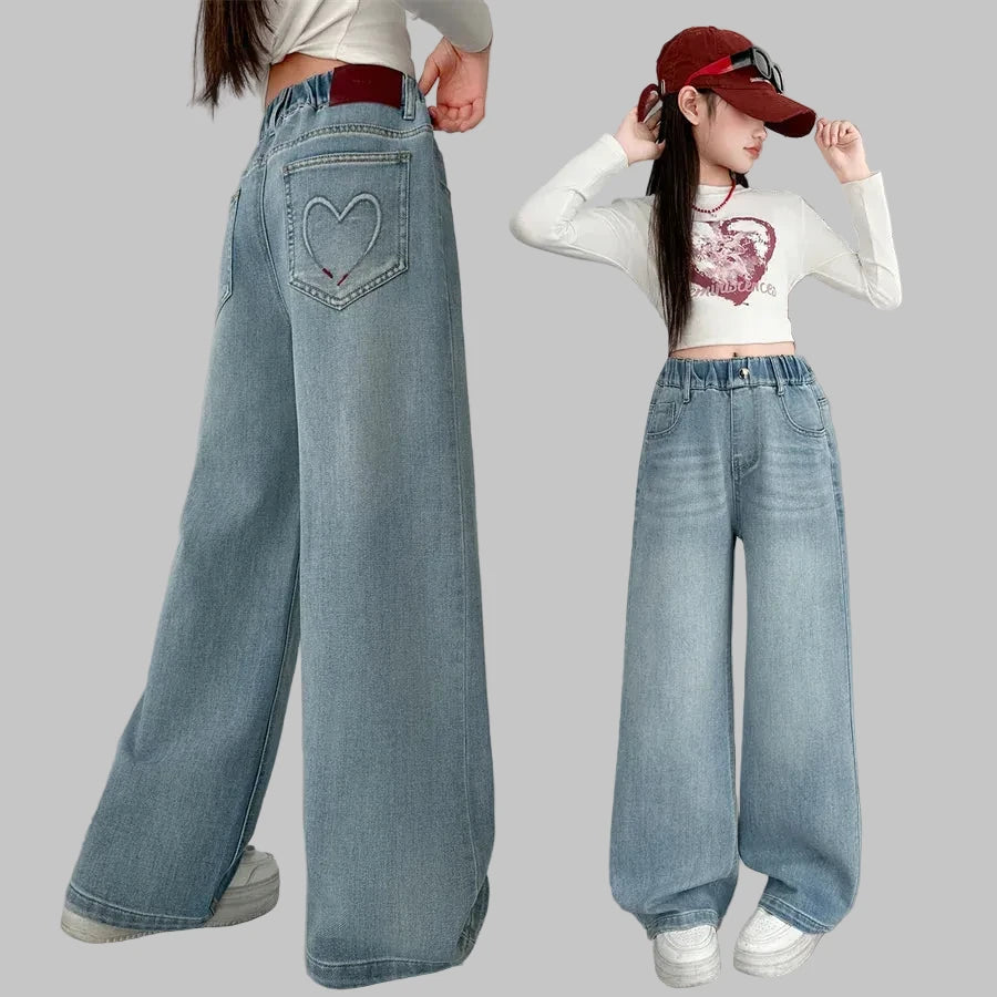Girls' Y2K Streetwear Jeans - Heart Embroidery Harajuku Denim Pants