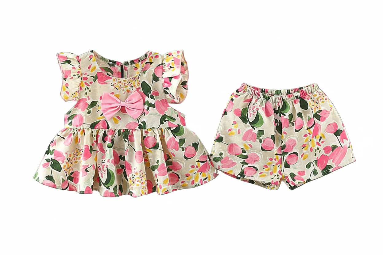 Baby Girl Floral Top & Shorts Set - Cotton Summer Outfit with Bow