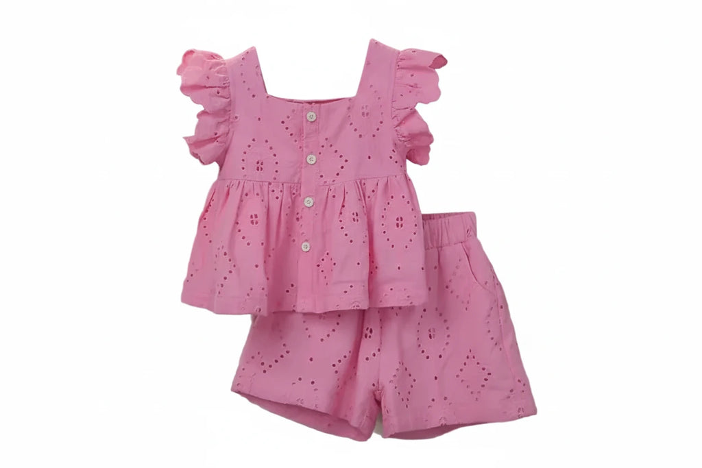 Baby Girls Pink Cotton Top & Shorts Set - Flutter Sleeve Summer Outfit
