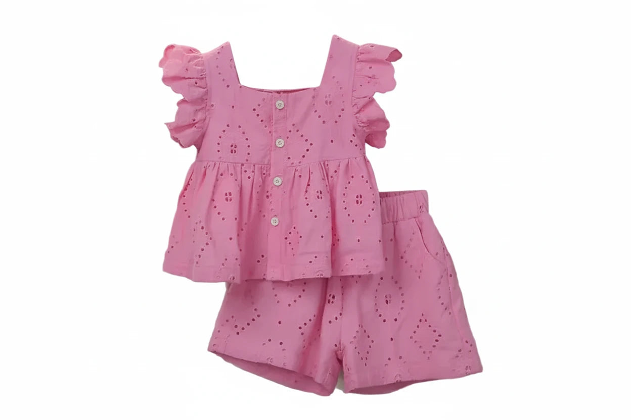Baby Girls Pink Cotton Top & Shorts Set - Flutter Sleeve Summer Outfit