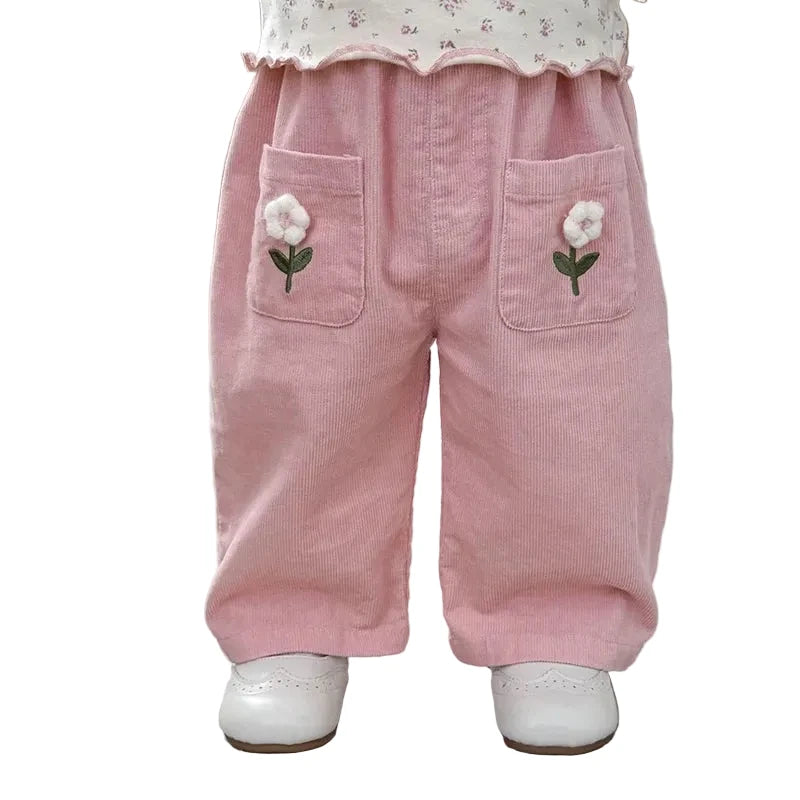Corduroy Flower Embroidery Pants - Kidnor