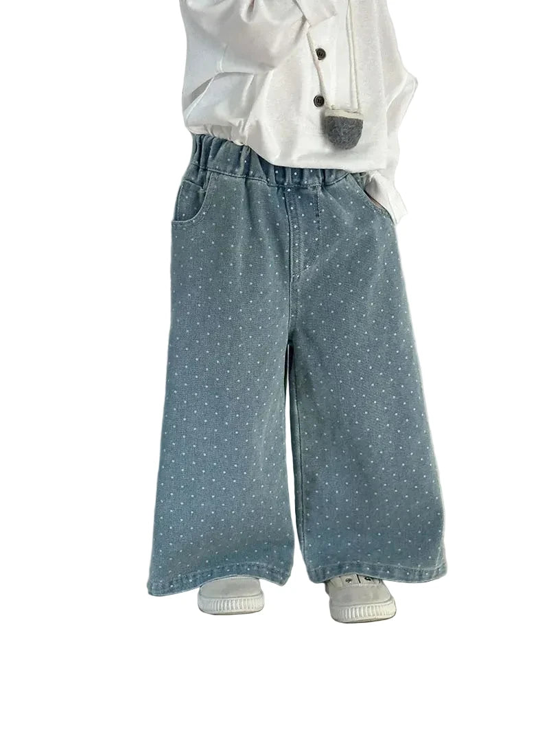Kids Polka Dot Wide Leg Jeans - Loose Straight Pants