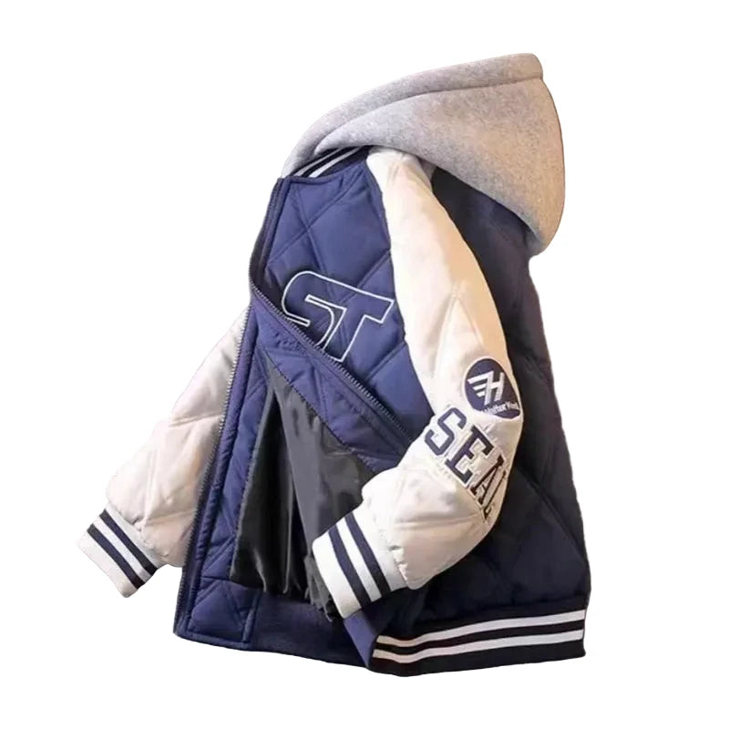 Boys' Hooded Baseball Jacket - Thick Cotton Winter Coat with Letter Print