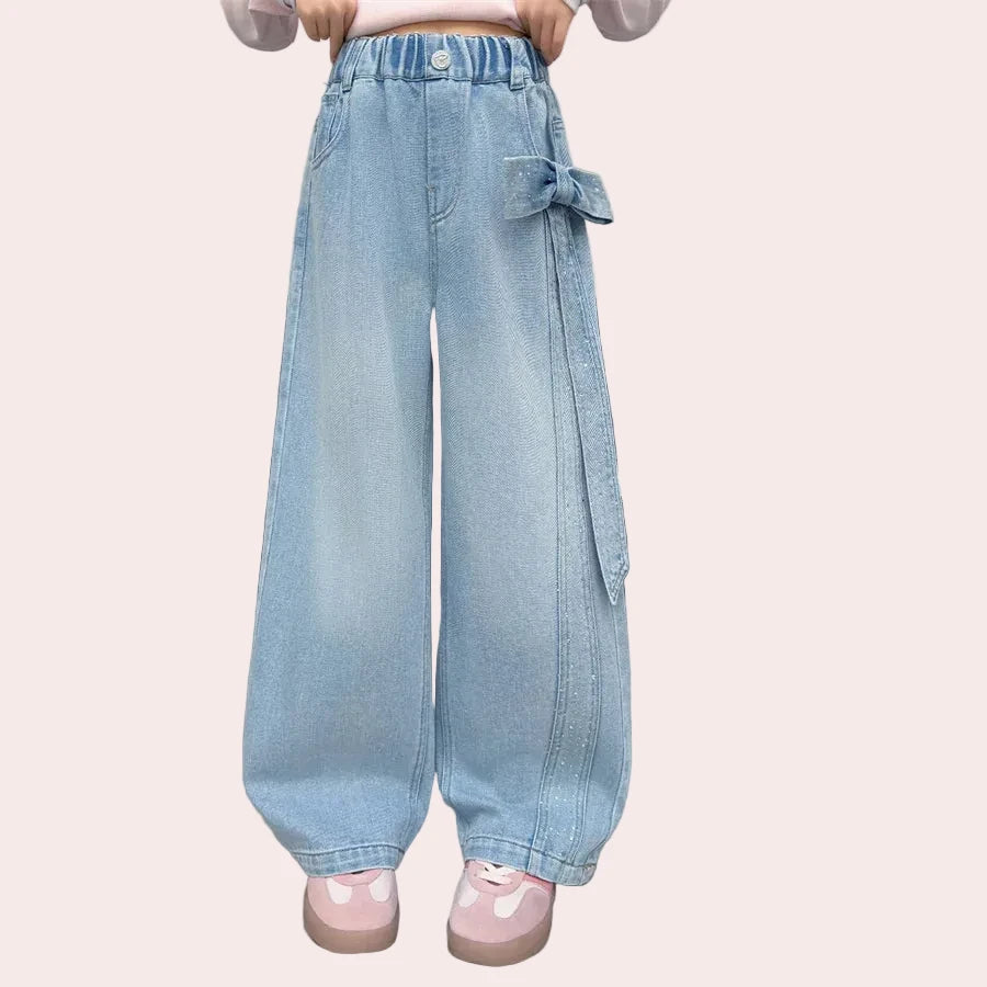 Girls Straight Leg Jeans with Bow & Rhinestones - Streetwear Denim Pants