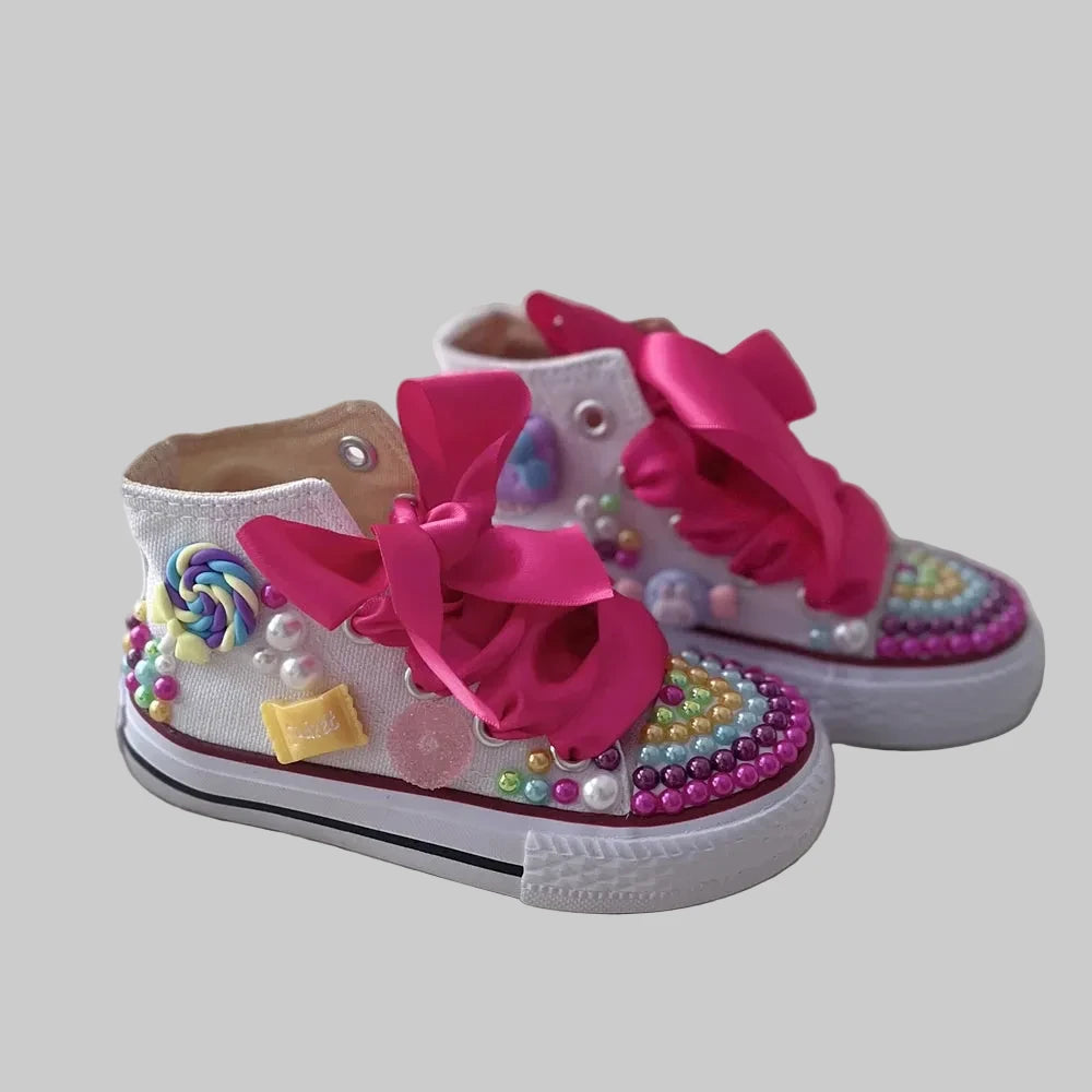 Girls' Rainbow Candy Bling Sneakers - Handmade Pearl Party Shoes