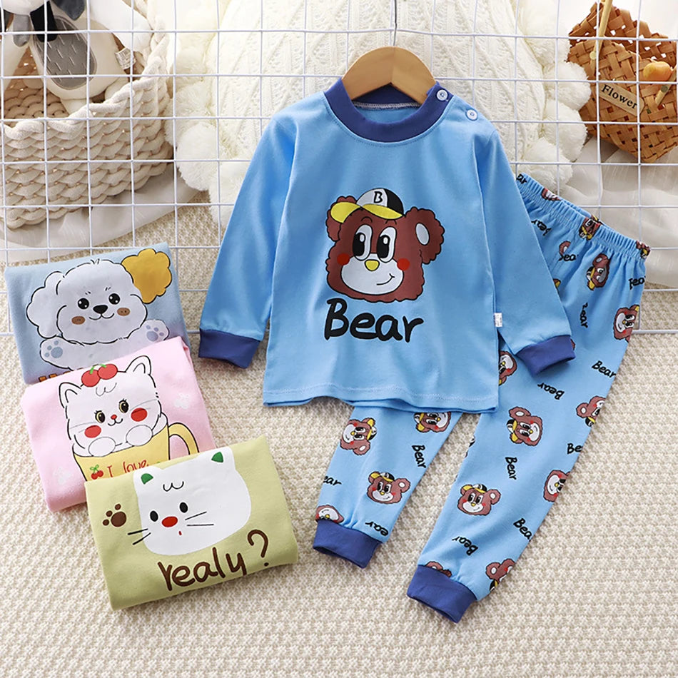 Kids Dino & Bear Cartoon Pajamas Set