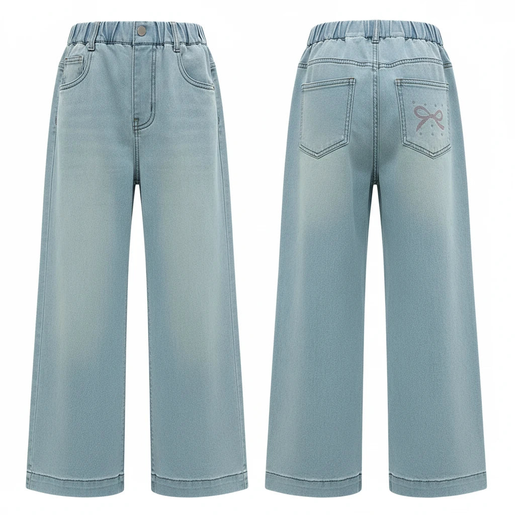 Girls Bow Pocket Jeans - Wide-Leg Denim 4-15Y - Kidnor
