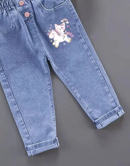 Girls' Cat Print High Waist Jeans - Elastic Waist Denim Pants Ages 1-6