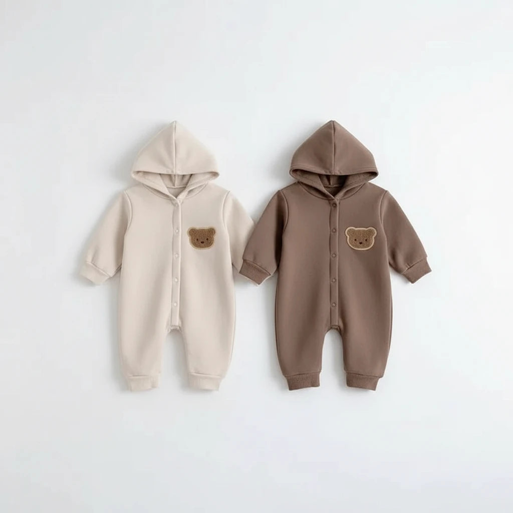 Baby Bear Hooded Romper - Warm Cotton Winter Bodysuit Ages 0-24M