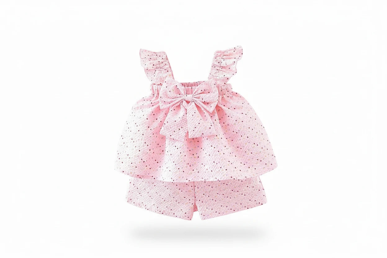 Baby Girl Dot Print Top & Shorts Set - Summer Beach Outfit with Bow (0-3Y)