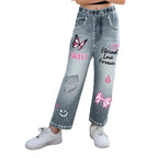 Girls' Wide Leg Butterfly Print Jeans - Elastic Waist Casual Pants