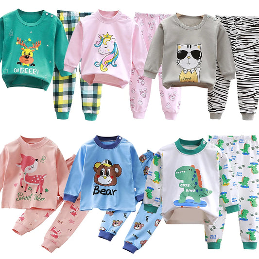 Kids Dino & Bear Cartoon Pajamas Set