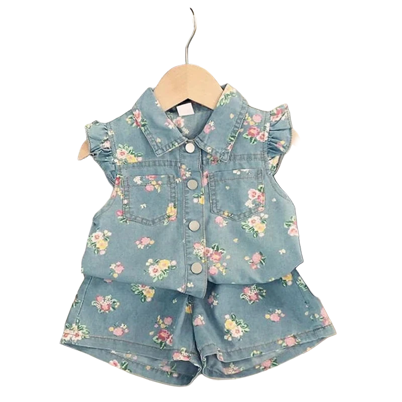 Floral Denim Top and Shorts Set - Kidnor