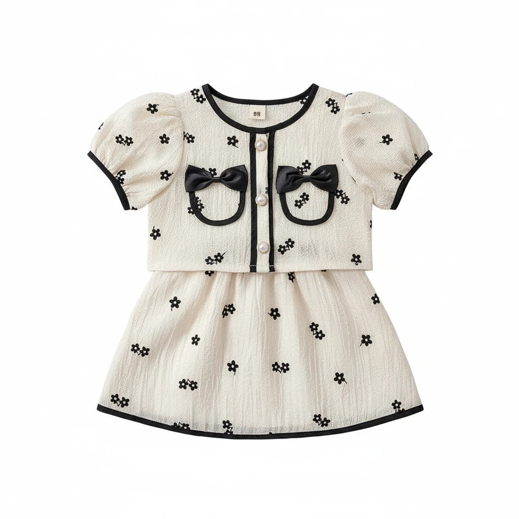 Summer Short Sleeve Shirt Top & Floral Skirt 2PCS Set
