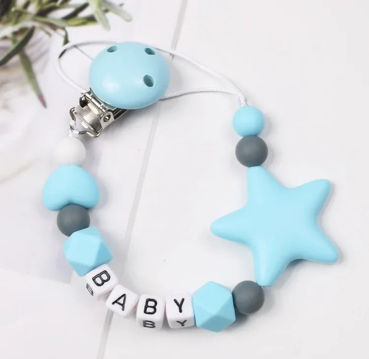 Personalized Name Baby Handmade Pacifier Clips Silicone Safe Teething Chain Infant Pentagonal Star Gum Nipple Dummy Holder Clip