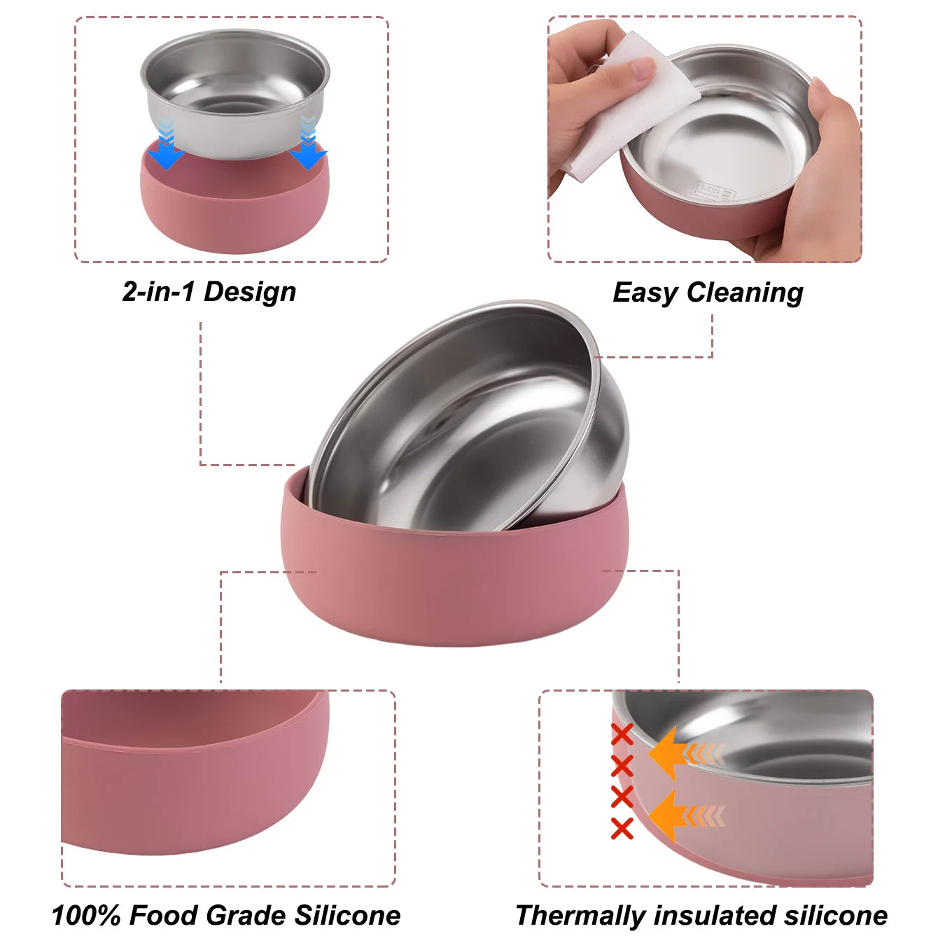 Color Kids 2PCS Stainless Steel Bowl Tableware Set For Baby Feeding Detachable Silicone Food Dish Plate BPA Free Kids Dinnerware