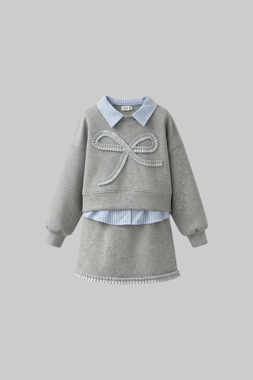 Girls Gray Bow Top and Skirt Set - Kidnor