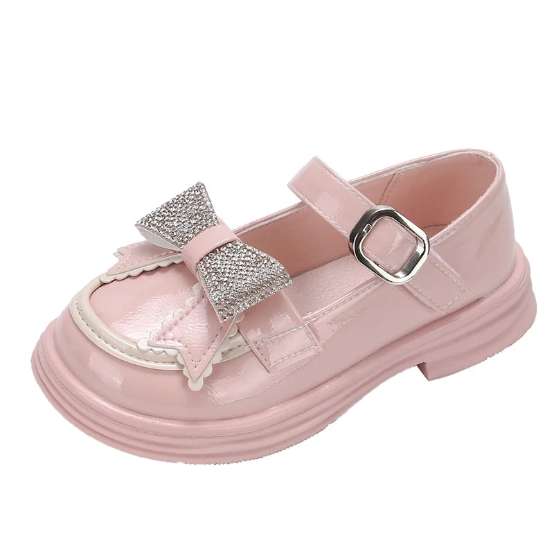Girls Princess Mary Janes with Rhinestones & Bow - Leather Party Shoes