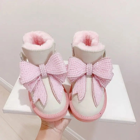 Girls Thermal Snow Boots Winter 2026 Pink Bow Crystal Ankle Boots Non Slip Warm
