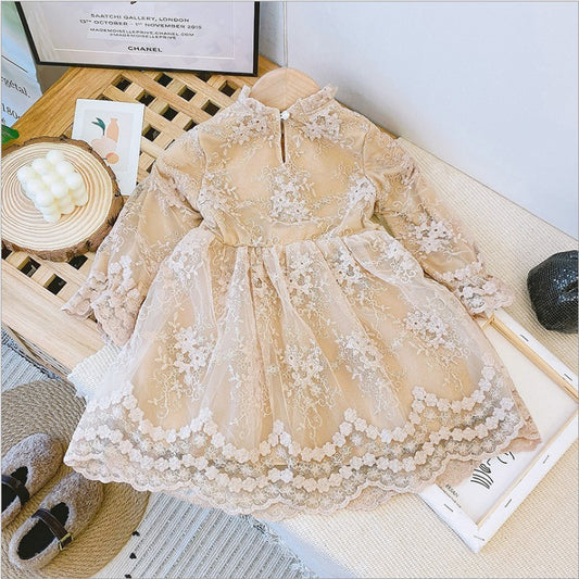 Girl dress Lace Bowknot Plus Velvet Long Sleeve Dress