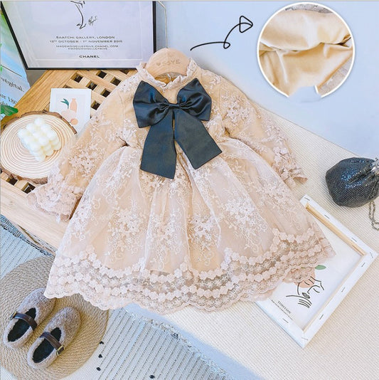 Girl dress Lace Bowknot Plus Velvet Long Sleeve Dress