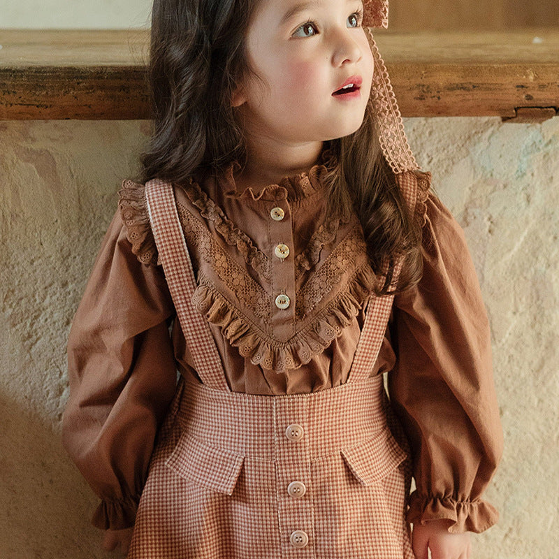 Frühlingsbluse für Mädchen mit Spitzenkragen, Retro-Spitze und Puffärmeln, Prinzessinnen-Stil