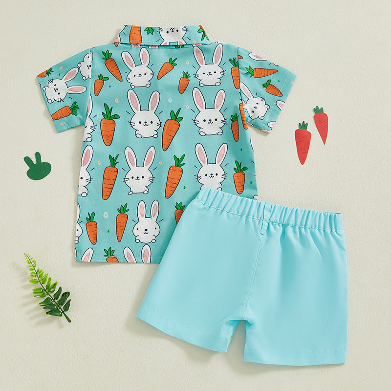 Gentleman Rabbit Print Bow Tie Shirt And Short-Sleeve Shorts Two-Piece Set