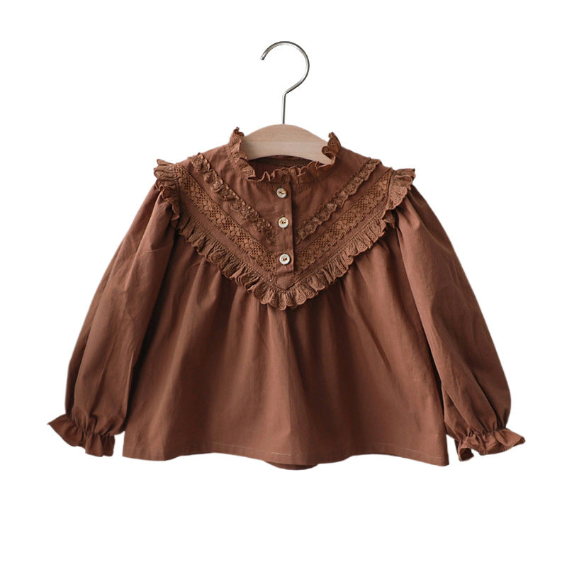 Frühlingsbluse für Mädchen mit Spitzenkragen, Retro-Spitze und Puffärmeln, Prinzessinnen-Stil