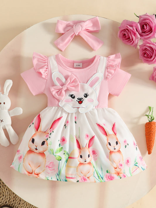 Children's Bunny Print Ruffled Dress with Headband