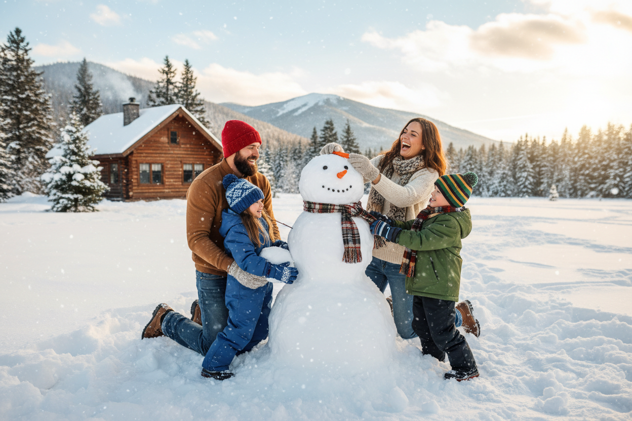 O familie se joacă în zăpadă un om de zăpadă 
